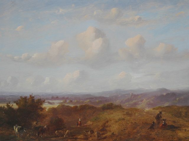 Johannes Tavenraat | A panoramic landschape with a shepherd and cattle, oil on panel, 22.0 x 29.7 cm, signed l.r. and dated 1849