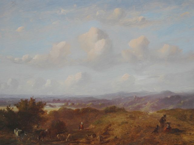 Tavenraat J.  | A panoramic landschape with a shepherd and cattle, oil on panel 22.0 x 29.7 cm, signed l.r. and dated 1849