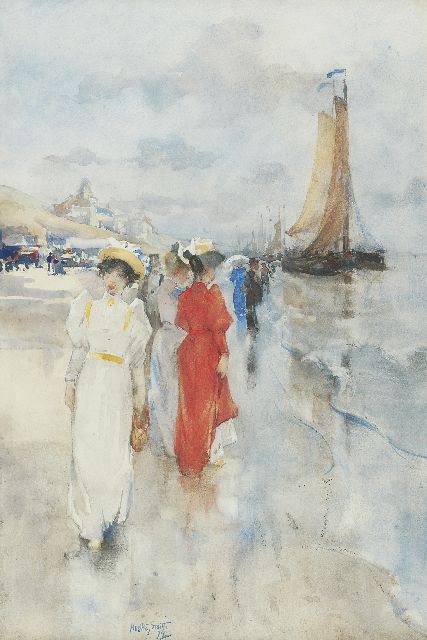 Hobbe Smith | Elegant ladies strolling on the beach, Scheveningen, watercolour on paper, 45.9 x 30.4 cm, signed l.l.c. and dated '94