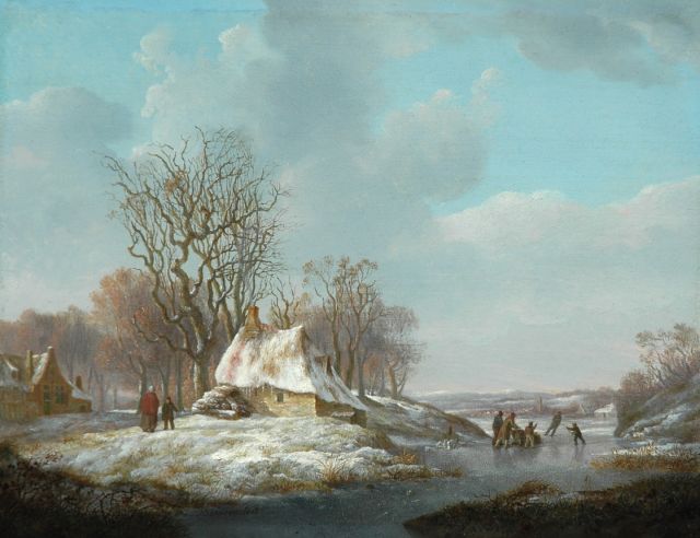 Barnouw N.  | A winterlandscape with farmer's cottages and skaters, oil on panel 21.5 x 27.8 cm, signed l.l.c.