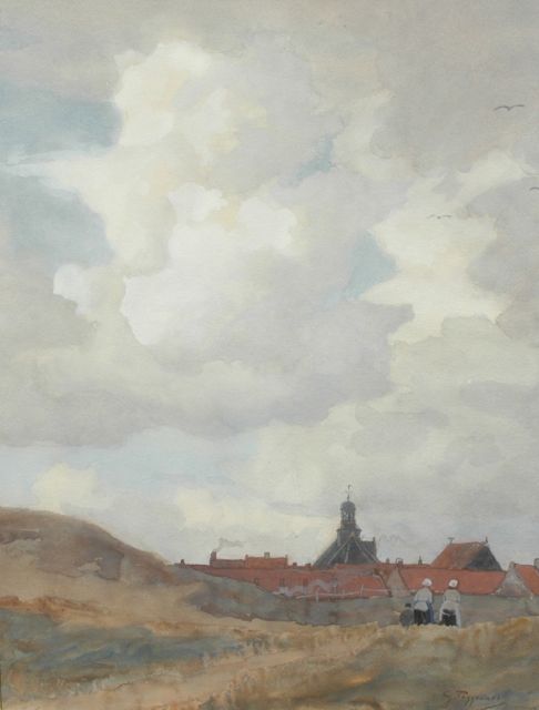 Poggenbeek G.J.H.  | A dune landscape with fisherwomen returning home, watercolour on paper 63.7 x 47.9 cm, signed l.r.