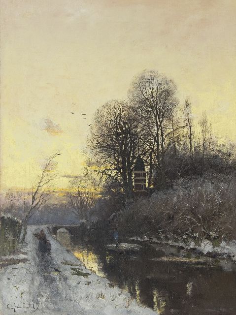 Rossum du Chattel F.J. van | A snow covered landscape at sunset with Huis te Hoorn near Rijswijk, Holland, oil on canvas 60.5 x 45.1 cm, signed l.l. and without frame