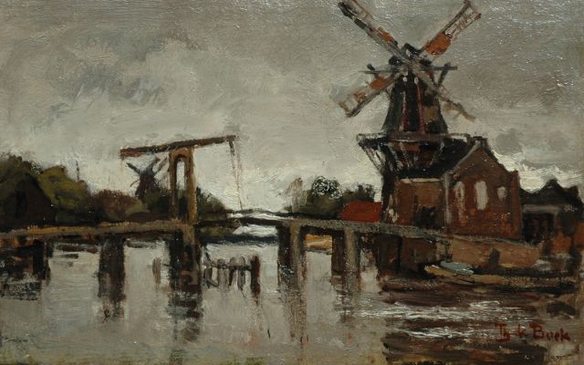 Théophile Emile Achille de Bock | The Spaarne with the Catharijnebrug and windmill De Adriaan in Haarlem, oil on canvas laid down on board, 23.1 x 36.2 cm, signed l.r.