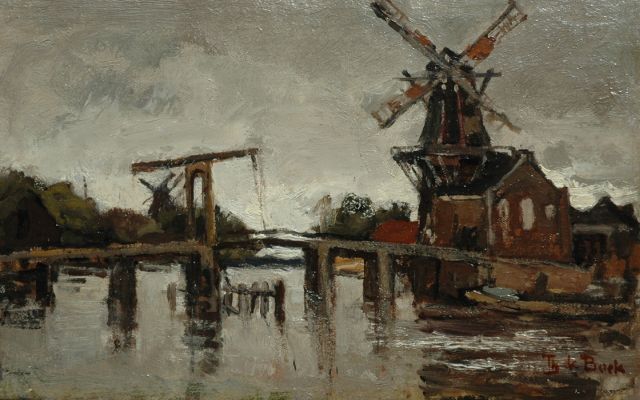 Bock T.E.A. de | The Spaarne with the Catharijnebrug and windmill De Adriaan in Haarlem, oil on canvas laid down on board 23.1 x 36.2 cm, signed l.r.