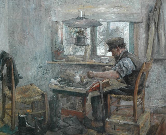 Adriaan de la Rivière | A cobbler at work, oil on canvas, 49.3 x 60.2 cm, signed m.r. and on the reverse