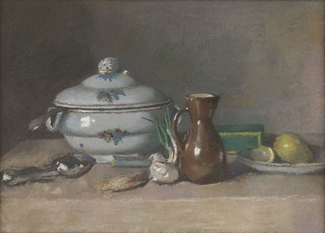 Coba Ritsema | A kitchen still life with a tureen, a jug and onions, pastel on paper, 76.1 x 75.6 cm