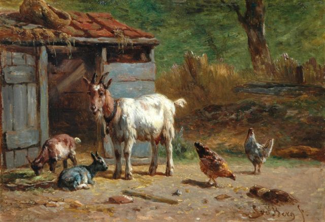 Berg S. van den | Goats and chicken in a farmyard, oil on panel 17.3 x 25.0 cm, signed l.r