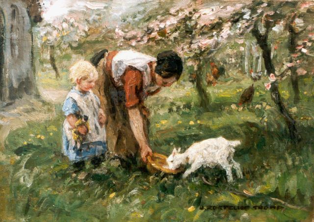 Zoetelief Tromp J.  | Feeding the goat, oil on canvas 25.5 x 36.0 cm, signed l.r.