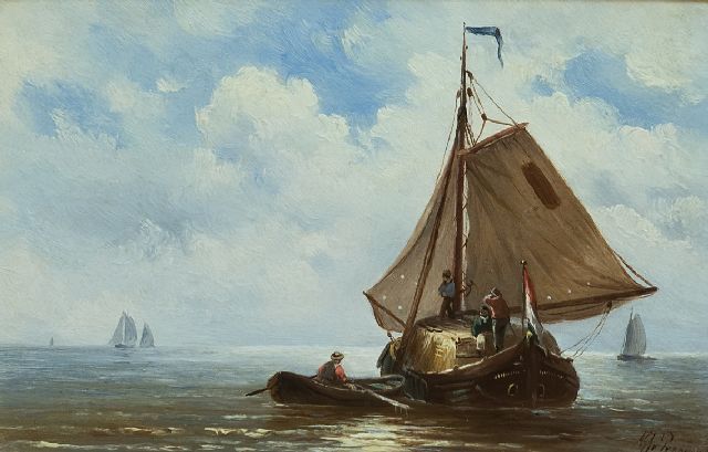 Prooijen A.J. van | Sailing hay ship on the Zuiderzee, oil on panel 15.4 x 23.5 cm, signed l.r.