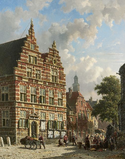 Adrianus Eversen | Vegetable dealers in front of the old townhall of Naarden, oil on panel, 66.8 x 53.0 cm, signed l.l. and on label on the reverse, monogram l.r.