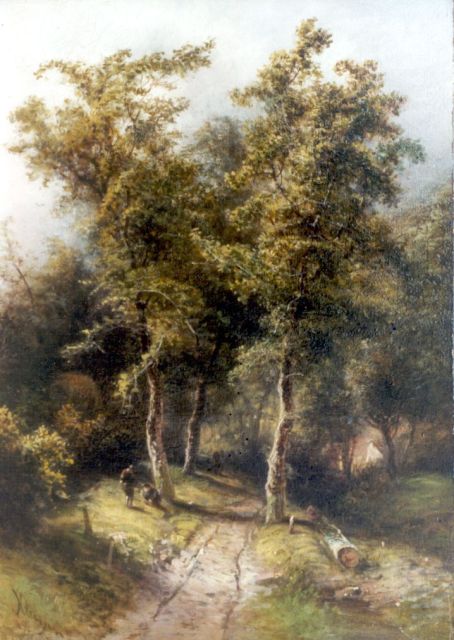 Kluyver P.L.F.  | Figures near a wooded path, oil on panel 34.8 x 24.8 cm, signed l.l.