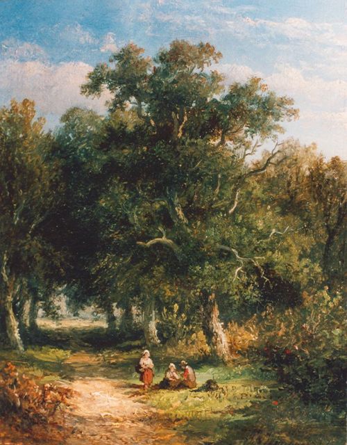 Anthonie Jacobus van Wijngaerdt | Travellers in a wooded landscape, oil on panel, 14.8 x 11.8 cm, signed l.r. and dated 1854