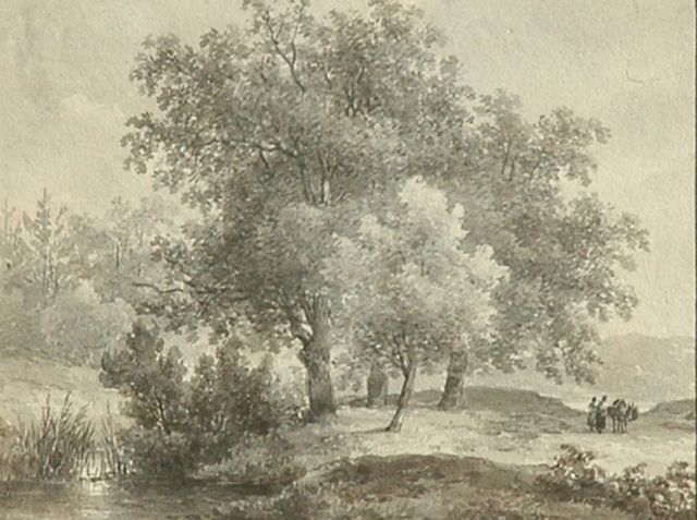 Andreas Schelfhout | Travellers in a wooded landscape, brush in brown ink on paper, 12.6 x 16.3 cm, signed on the reverse