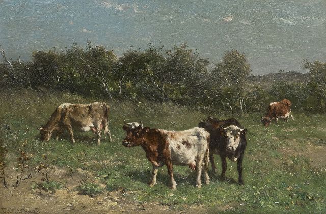 Haas J.H.L. de | Grazin cows in a dune landscape, oil on paper laid down on panel 31.4 x 47.2 cm, signed l.l.