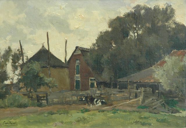 Chris van der Windt | A farm with two cows, oil on panel, 30.0 x 43.3 cm, signed l.l.