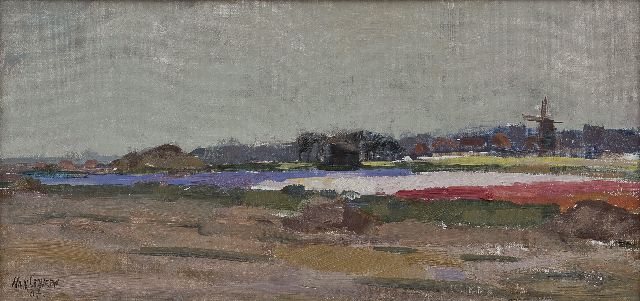 Han Grovers | Landscape with bulb fields and a mill, oil on canvas laid down on panel, 23.3 x 48.8 cm, signed 'Han G(r)overs' l.l. and dated '37