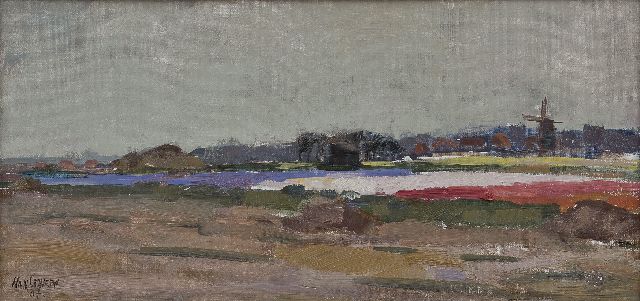 Grovers H.  | Landscape with bulb fields and a mill, oil on canvas laid down on panel 23.3 x 48.8 cm, signed 'Han G(r)overs' l.l. and dated '37