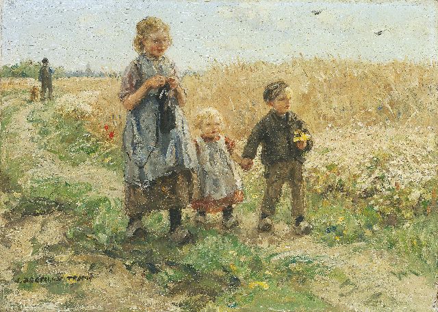 Jan Zoetelief Tromp | Children in a corn field, oil on panel, 24.3 x 33.9 cm, signed l.l.