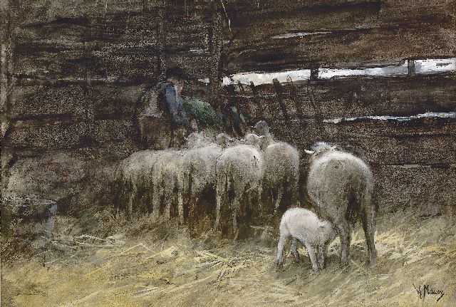 Anton Mauve | The sheep fold, watercolour and gouache on paper, 33.0 x 47.0 cm, signed l.r.