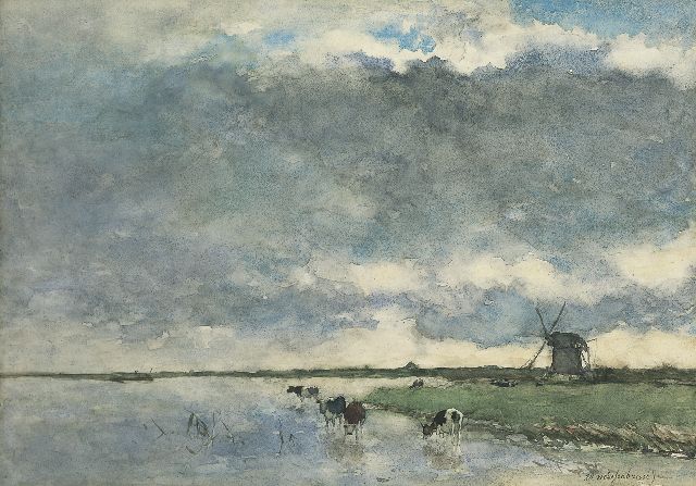 Jan Hendrik Weissenbruch | Polder landscape with windmills and cattle, watercolour on paper, 38.7 x 54.6 cm, signed l.r.