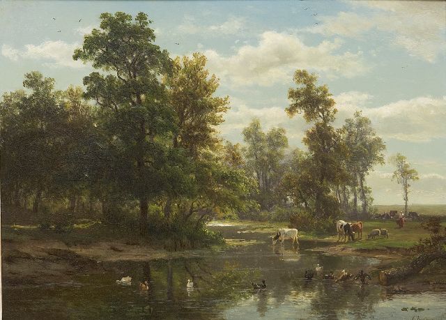 Christiaan Immerzeel | Drinking cattle near a forest creek, oil on panel, 33.5 x 47.2 cm, signed l.r.
