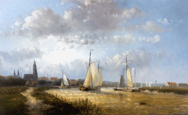 Hendrik Hulk | Sailing boats on a river, oil on panel, 19.7 x 30.9 cm, signed l.r.