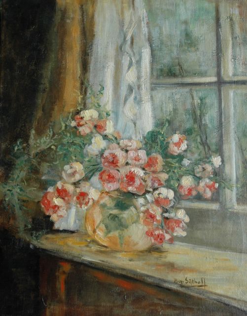 Sijthoff A.J.  | Summerflowers on the windowsill, oil on canvas 45.5 x 35.5 cm, signed l.r.