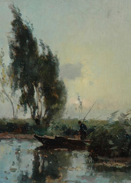 Knikker A.  | Fishing by sunset, oil on canvas laid down on board 32.5 x 22.6 cm, signed l.r.