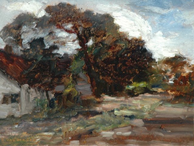 Ven E.E.G. van der | Landscape with a farmhouse and figures, oil on painter's board 27.8 x 35.2 cm, signed l.l.