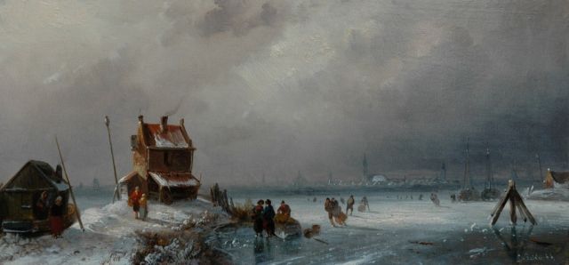 Charles Leickert | Skaters on a cloudy winter's day, oil on panel, 14.4 x 30.4 cm, signed l.r.