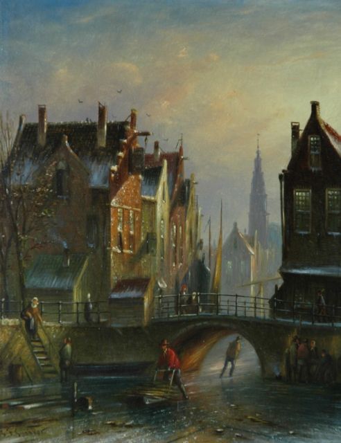 Johannes Franciscus Spohler | Figures on a Dutch canal in winter, oil on panel, 20.5 x 16.0 cm, signed l.l.