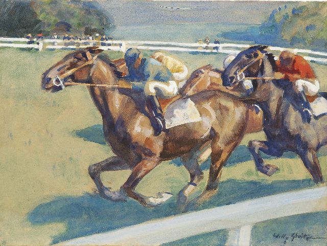 Sluiter J.W.  | The horserace, watercolour and gouache on paper 48.4 x 64.7 cm, signed l.r.