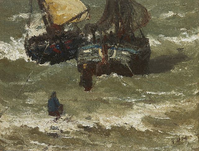 Hendrik Willem Mesdag | Two bomschuiten in the surf, oil on canvas laid down on panel, 29.2 x 38.5 cm, signed l.r. with initials