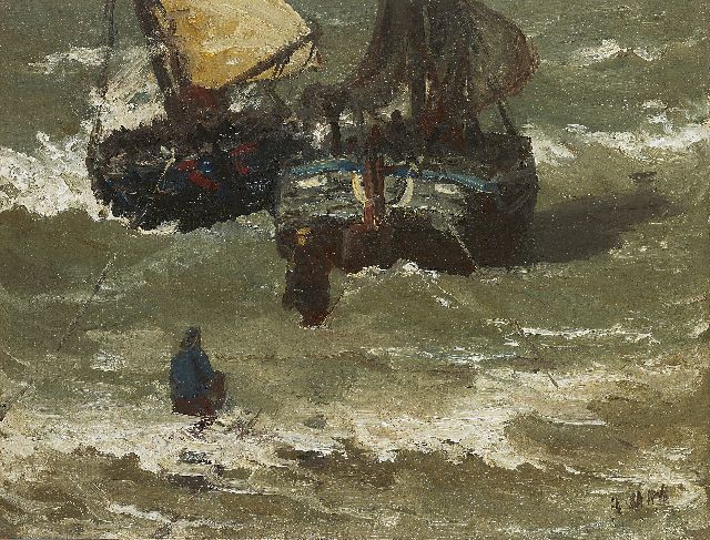 Hendrik Willem Mesdag | Two bomschuiten in the surf, oil on canvas laid down on panel, 29.2 x 38.5 cm, signed l.r. with initials