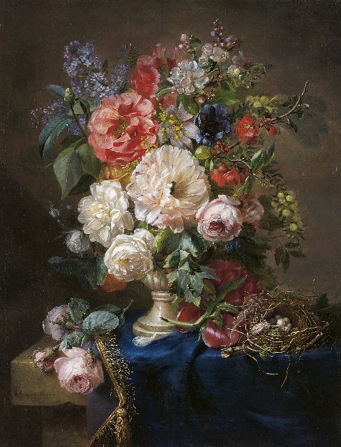 Haanen A.J.  | Flower still life with roses, lilac and blossom, and a bird's nest, oil on canvas 71.0 x 55.0 cm, signed l.l. and dated 1848