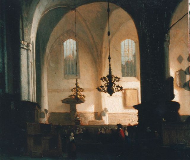 Jan Jacob Schenkel | The interior of the Buurtkerk, Utrecht, oil on panel, 26.0 x 29.6 cm, signed l.l.
