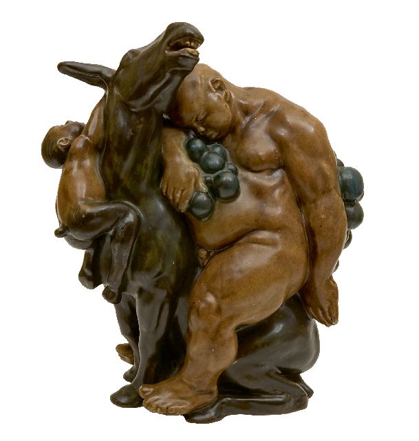 Nielsen K.  | Bacchus and Faun - two sculptures, polychrome painted, glazed pottery 23.6 x 19.0 cm, signed under the base (both) and dated 1912 (both)
