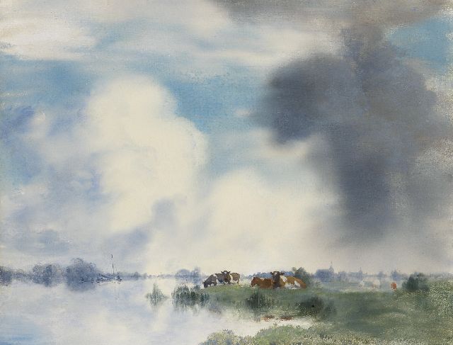 Jan Voerman sr. | Cows on the banks of the IJssel river near Hattem, oil on panel, 39.9 x 52.2 cm, signed l.r.