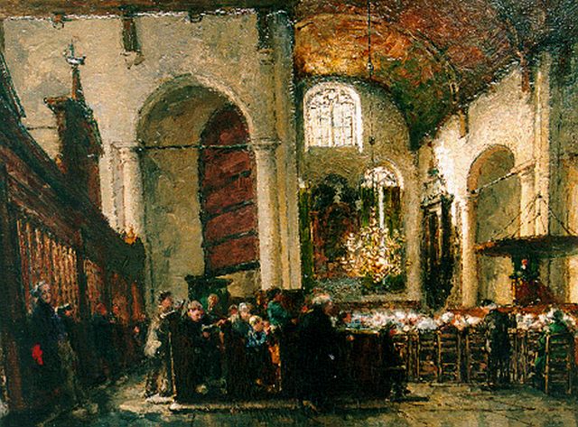 Bisschop R.  | Attending mass, Maasssluis, oil on panel 45.7 x 56.0 cm, signed l.l.