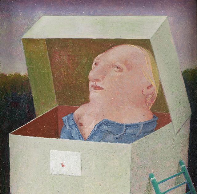 Poppel P.A.T. van | Figure in a box, oil on paper laid down on panel 10.0 x 10.0 cm, signed on the reverse and dated 1972 on the reverse