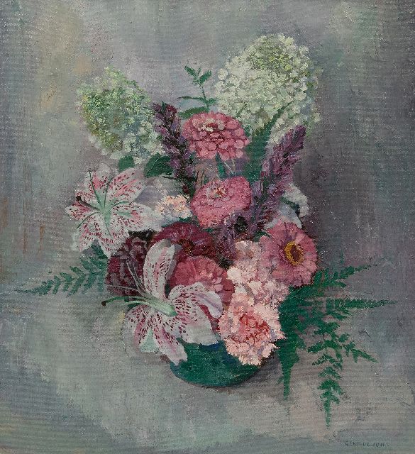 Germ de Jong | Flower still life with lilies and zinnias, oil on canvas, 46.2 x 42.3 cm, signed l.r.