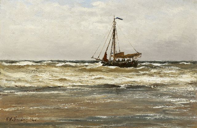 Hendrik Willem Mesdag | Seaview with a fishing boat, oil on panel, 26.0 x 39.5 cm, signed l.l. and dated '74