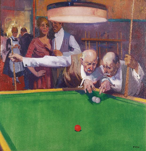 Piet van der Hem | Discussing a game of billiards, oil on canvas, 79.8 x 76.7 cm, signed l.r. and with initials and painted ca. 1919