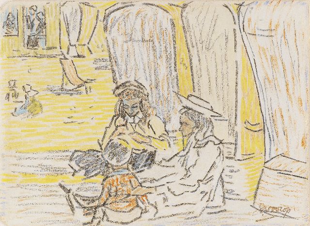 Jan Toorop | Children playing on the beach, pencil and coloured chalk on paper, 11.5 x 15.6 cm, signed l.r. and painted circa 1907