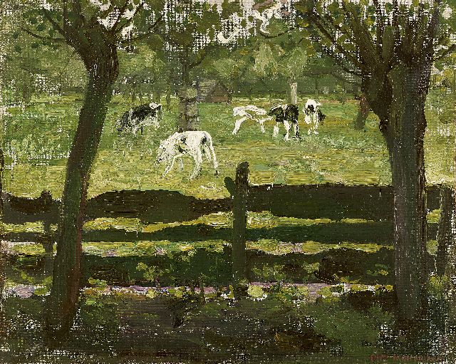 Mondriaan P.C.  | Calves in the meadow - 'het white bull-calf', oil on canvas laid down on board 31.0 x 39.1 cm, signed l.r. and painted ca. 1905