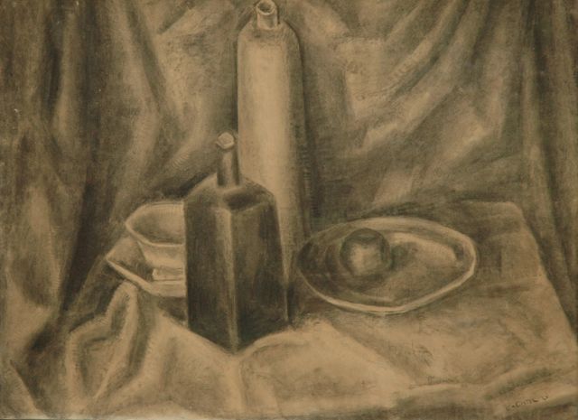 Leo Gestel | Still life with jars, cup and saucer and a fruit bowl, black chalk on paper, 73.5 x 98.3 cm, signed l.r. and dated '21