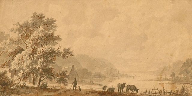 Marinus Adrianus Koekkoek I | A river valley with cattle, washed pen on paper, 7.4 x 14.2 cm, signed on the reverse and Gift for Museum B.C. Koekkoek-Haus, Kleve