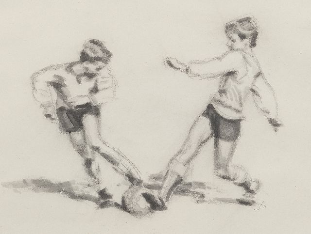 Bernardus Johannes Everhardus Kempers | Football player 3, charcoal and ink on paper, 38.0 x 48.0 cm, signed l.r. with monogram
