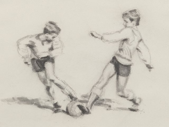 Kempers B.J.E.  | Football player 3, charcoal and ink on paper 38.0 x 48.0 cm, signed l.r. with monogram and jaren '50