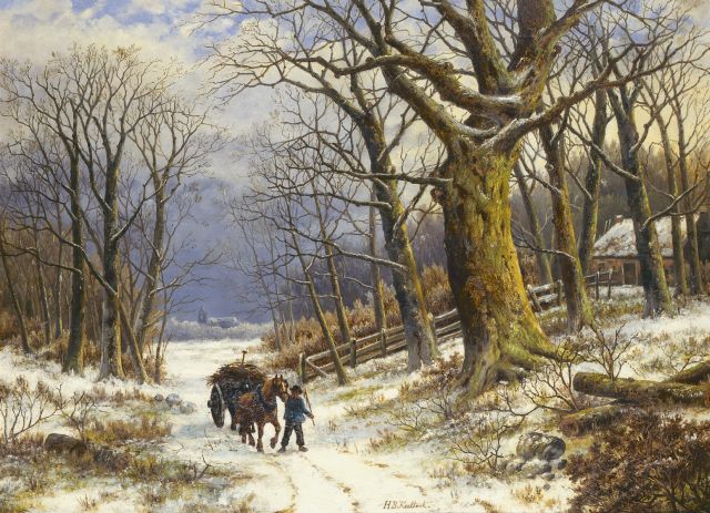 Koekkoek B.H.  | A snowy forest landscape with wood gatherer, oil on canvas 61.0 x 81.3 cm, signed l.c. and dated 1865